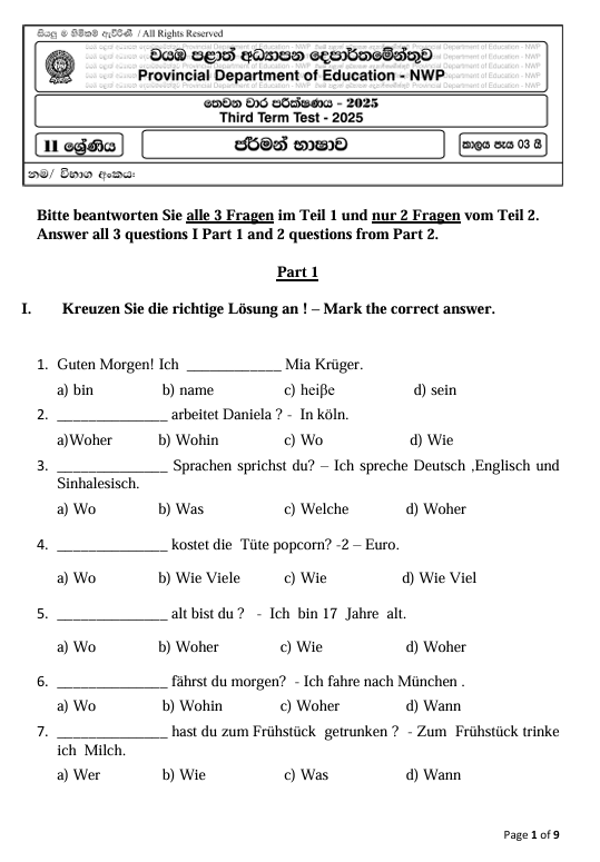 2025 Grade 11 German language Third Term Test Paper PDF