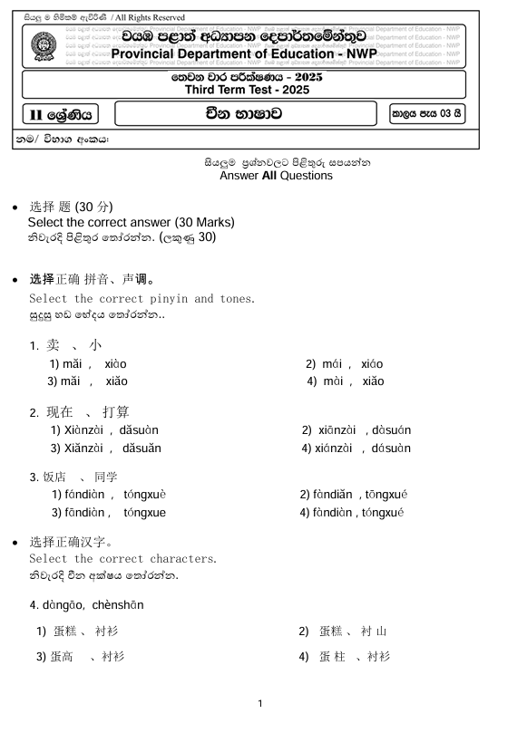 2025 Grade 11 Chinese language Third Term Test Paper PDF