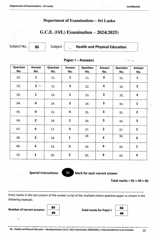 G.C.E. Ordinary Level Health Past Paper Answers 2024(2025) in English Medium