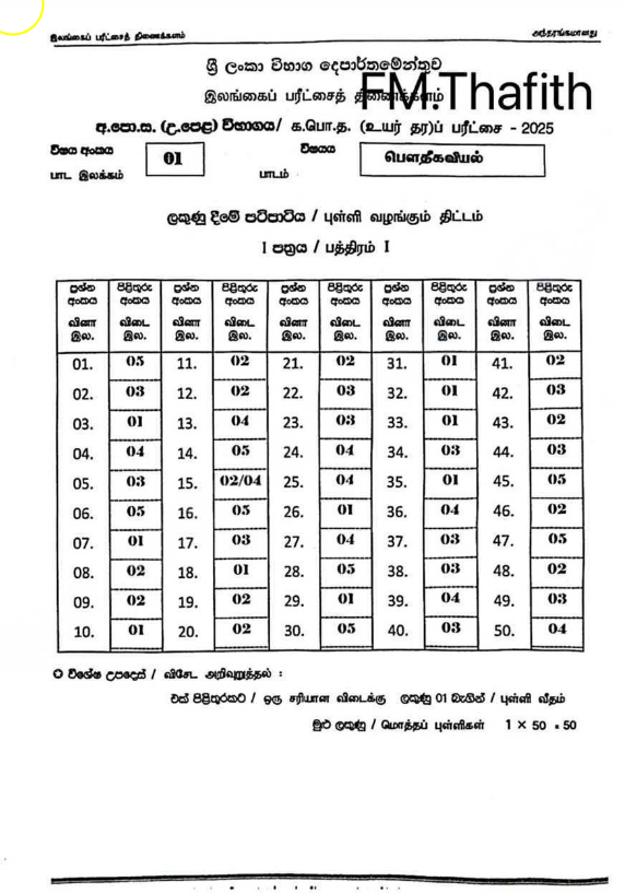 Official G.C.E. 2025 A/L Physics Answer Sheet