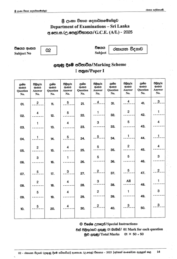 Official G.C.E. 2025 A/L Chemistry Answer Sheet Sinhala Medium PDF