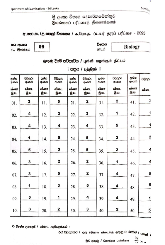 Official G.C.E. 2025 A/L Biology Answer Sheet English Medium PDF