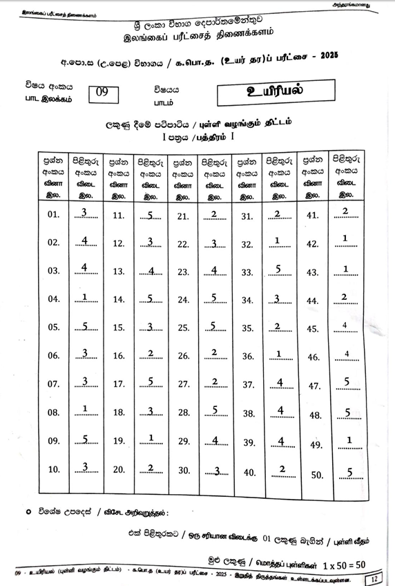 Official G.C.E. 2025 A/L Biology Answer Sheet Tamil Medium PDF