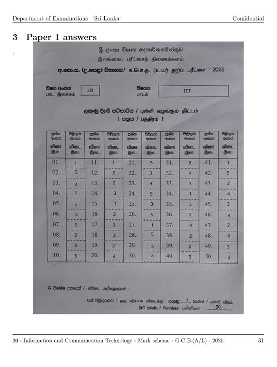 Official G.C.E. 2025 A/L ICT Answer Sheet Tamil Medium PDF
