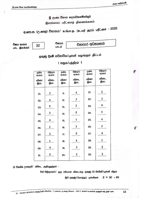 Official G.C.E. 2025 A/L Business Studies Answer Sheet Sinhala Medium PDF