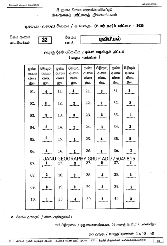 Official G.C.E. 2025 A/L Geography Answer Sheet Tamil Medium PDF
