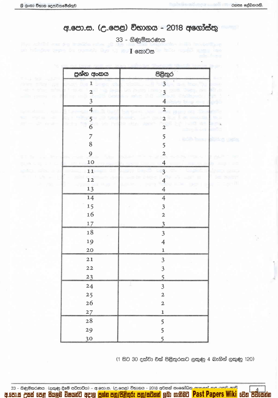 Official G.C.E. 2018 A/L Accounting Answer Sheet Sinhala Medium PDF