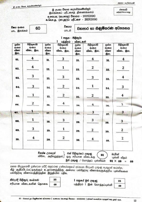 Official G.C.E. 2025(2026) O/L Business and Accounting Studies MCQ Answer Sheet