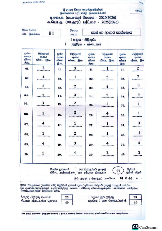 Official G.C.E. 2025(2026) O/L Agriculture & Food Technology MCQ Answer Sheet