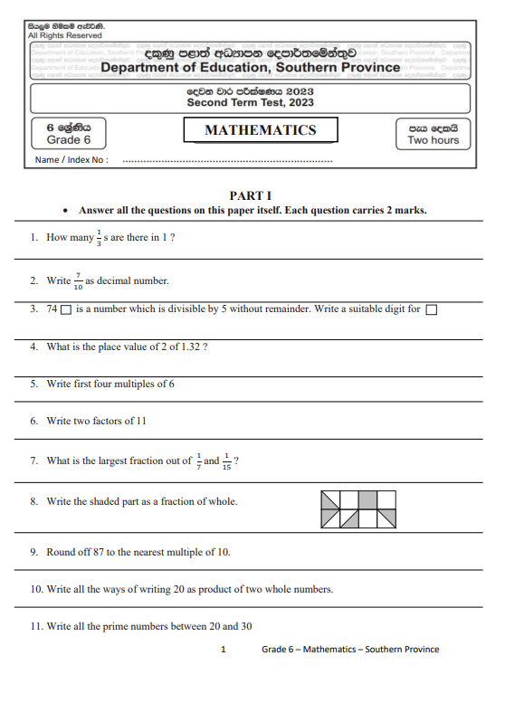 Southern Province 2023 Grade 06 Mathematics 2nd Term Test Paper First Page