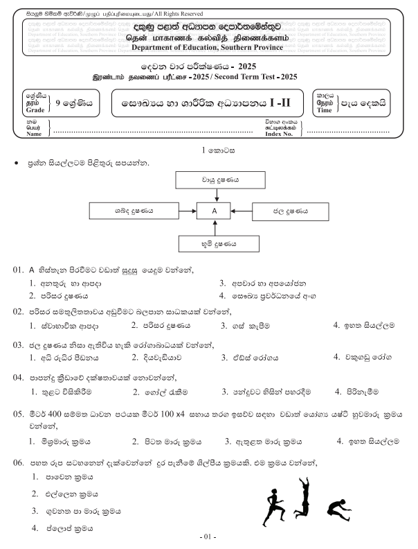 Southern Province 2025 Grade 09 Health 2nd Term Test Paper First Page