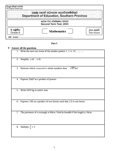 Southern Province 2023 Grade 08 Mathematics 2nd Term Test Paper First Page