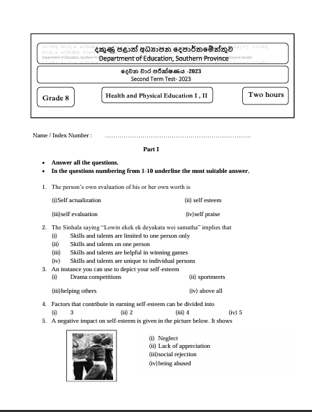 Southern Province 2023 Grade 08 Health 2nd Term Test Paper First Page