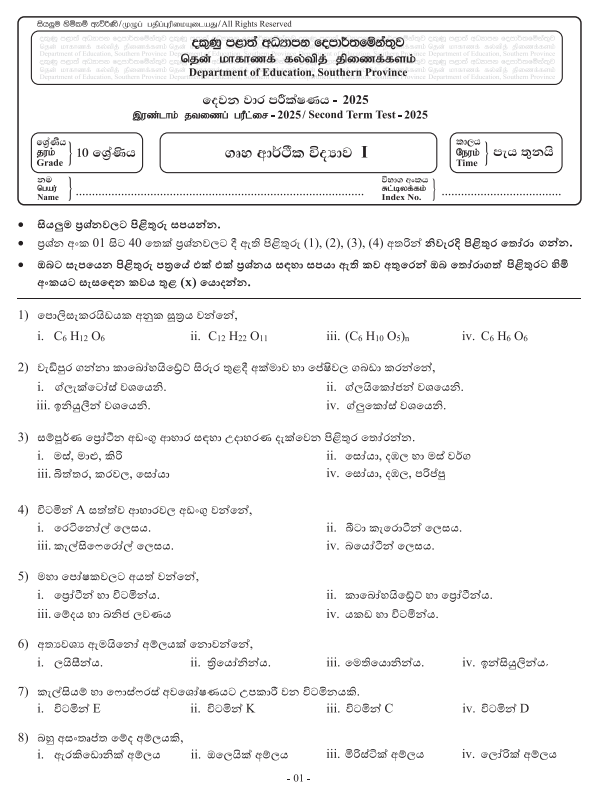 Southern Province 2025 Grade 10 Home Economics 2nd Term Test Paper First Page