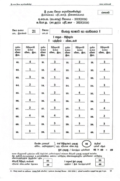 Official G.C.E. 2025(2026) O/L Sinhala Language Answer Sheet