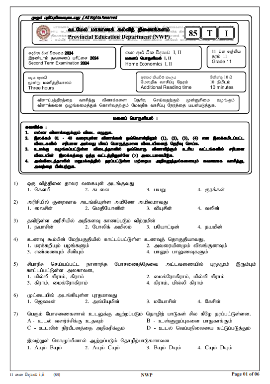 North Western Province 2024 Grade 11 Home Economics 2nd Term Test Paper First Page