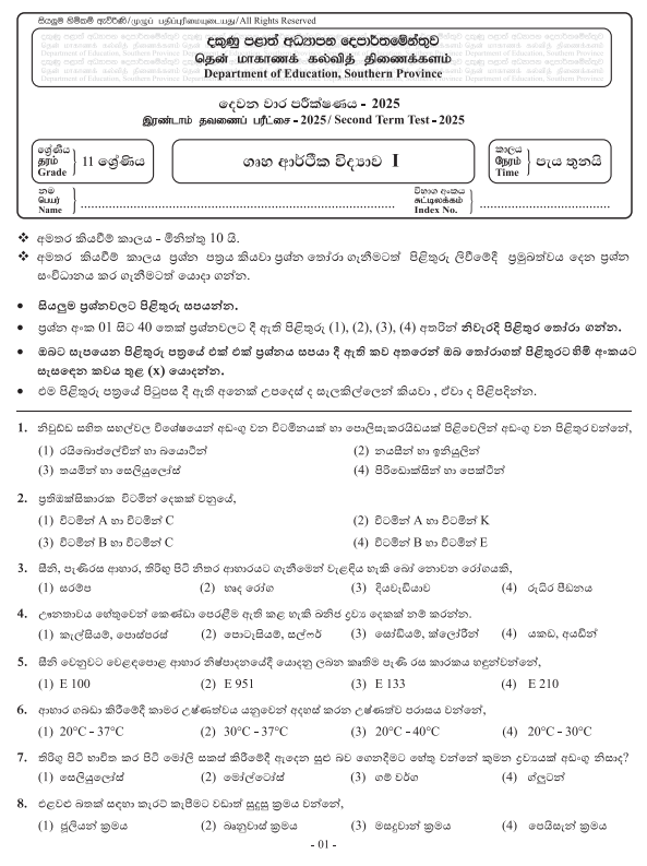 Southern Province 2025 Grade 11 Home Economics 2nd Term Test Paper First Page