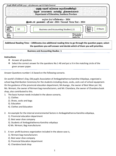 Southern Province 2024 Grade 10 Business Studies 2nd Term Test Paper First Page