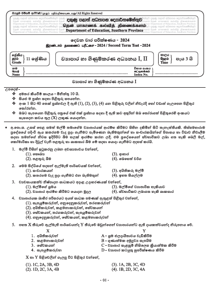 Southern Province 2024 Grade 11 Business Studies 2nd Term Test Paper First Page