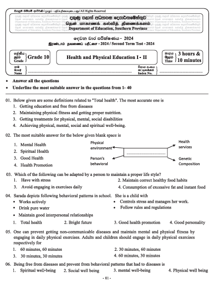 Southern Province 2024 Grade 10 Health 2nd Term Test Paper First Page
