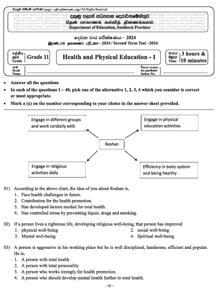 Southern Province 2024 Grade 11 Health 2nd Term Test Paper First Page