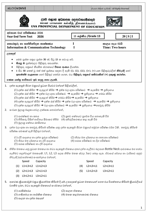 Uva Province Grade 13 ICT Third Term Test Paper 2026