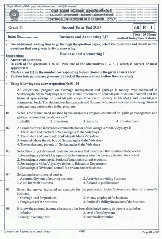 North Western Province 2024 Grade 11 Business Studies 2nd Term Test Paper First Page