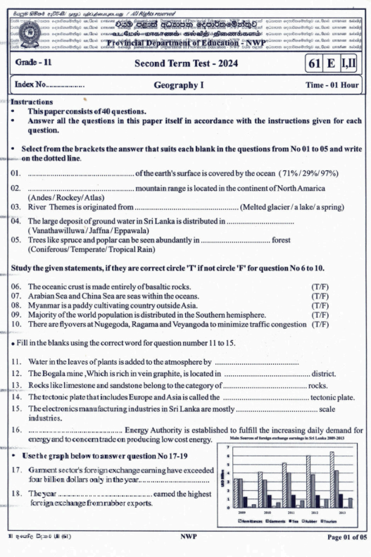 North Western Province 2024 Grade 11 Geography 2nd Term Test Paper First Page