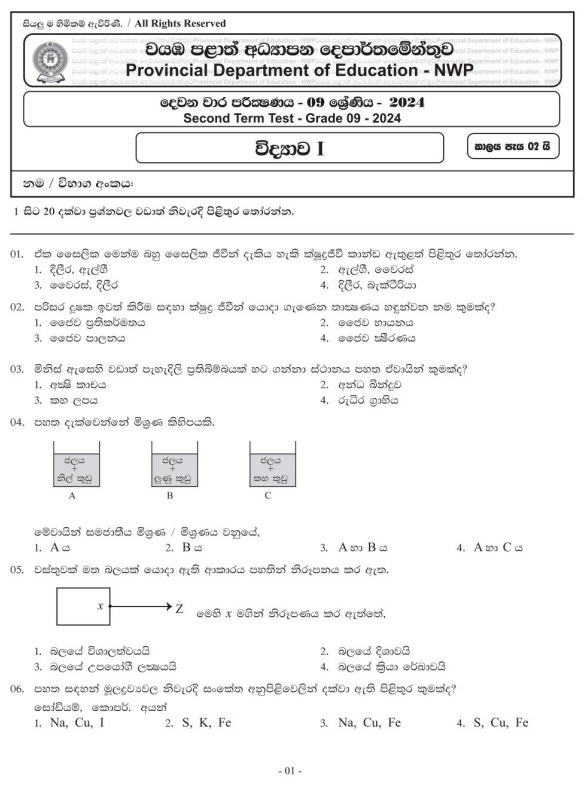 North Western Province 2024 Grade 09 Science 2nd Term Test Paper First Page