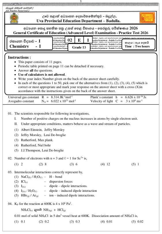 Uva Province A/L Chemistry Model Paper 2026 in English Medium With Answers