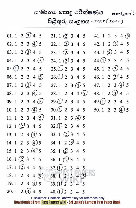 Official G.C.E. 2023 A/L Common General Test Answer Sheet Sinhala Medium PDF