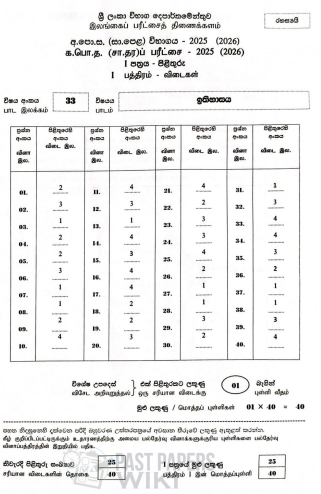 Official G.C.E. 2025(2026) O/L History MCQ Answer Sheet