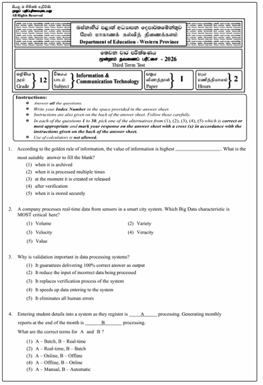 Western Province 2026 Grade 12 ICT 3rd Term Test Paper First Page
