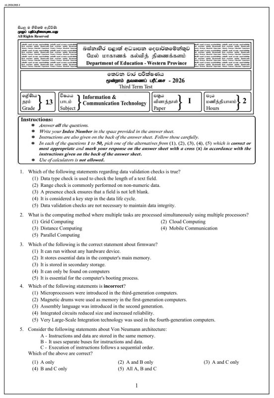 Rold Paper Western Province 2026 Grade 13 ICT 3rd Term Test Paper | English Medium