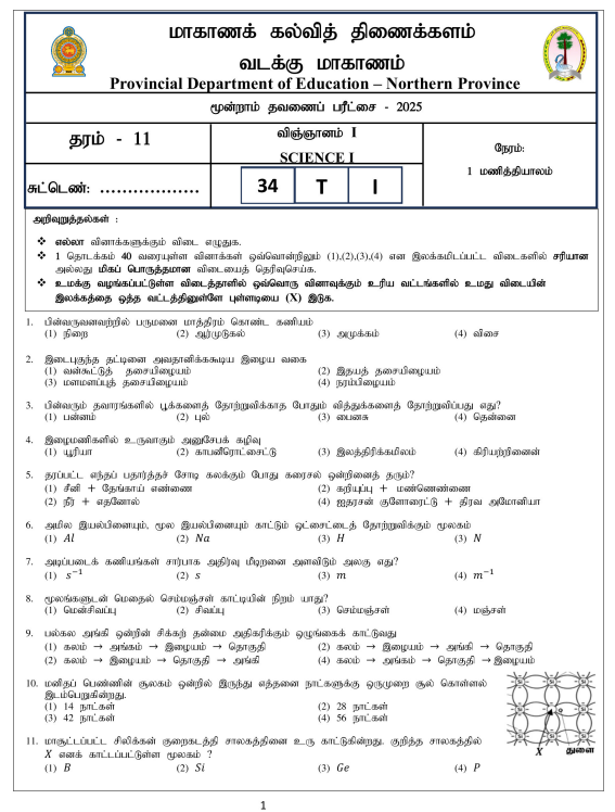 Northern Province 2025 Grade 11 Science 3rd Term Test Paper First Page
